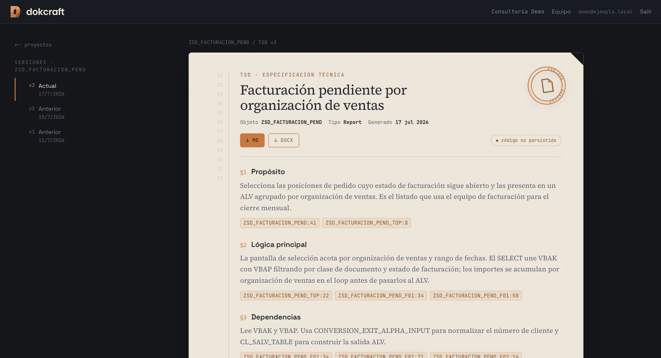 A TSD generated in the app, with its line references and version history